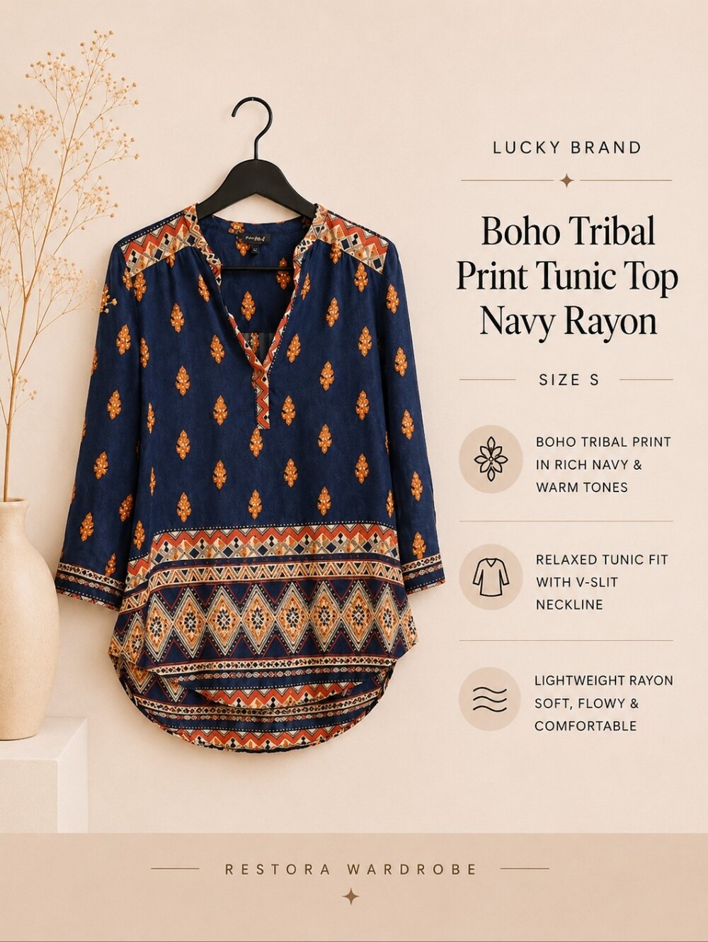 Lucky Brand Tunic Blouse Navy Geometric Print Rayon Size S Western Boho